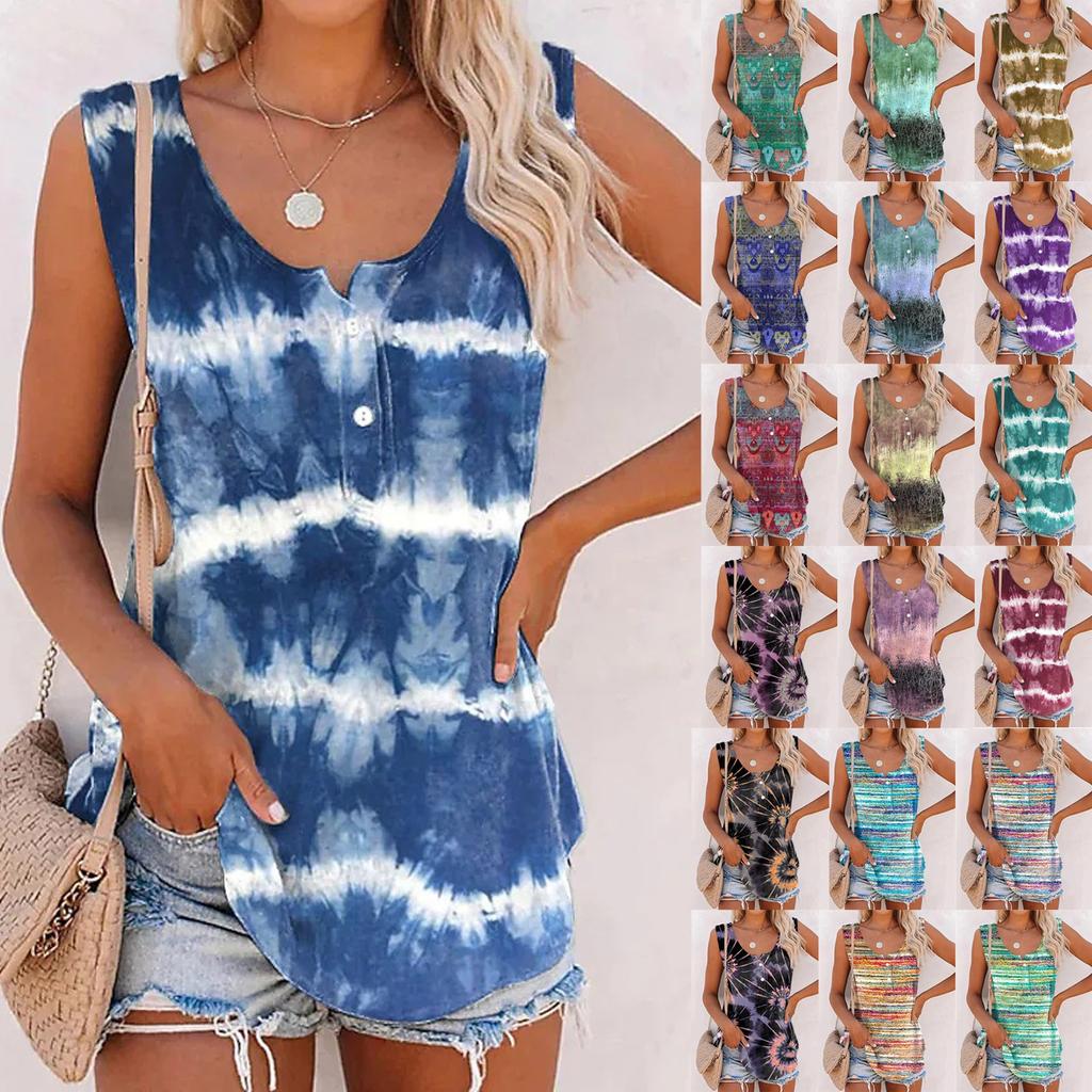 Ladies Printed Stripe Button Sleeveless Casual Tank Top Casual T-Shirt For Womens