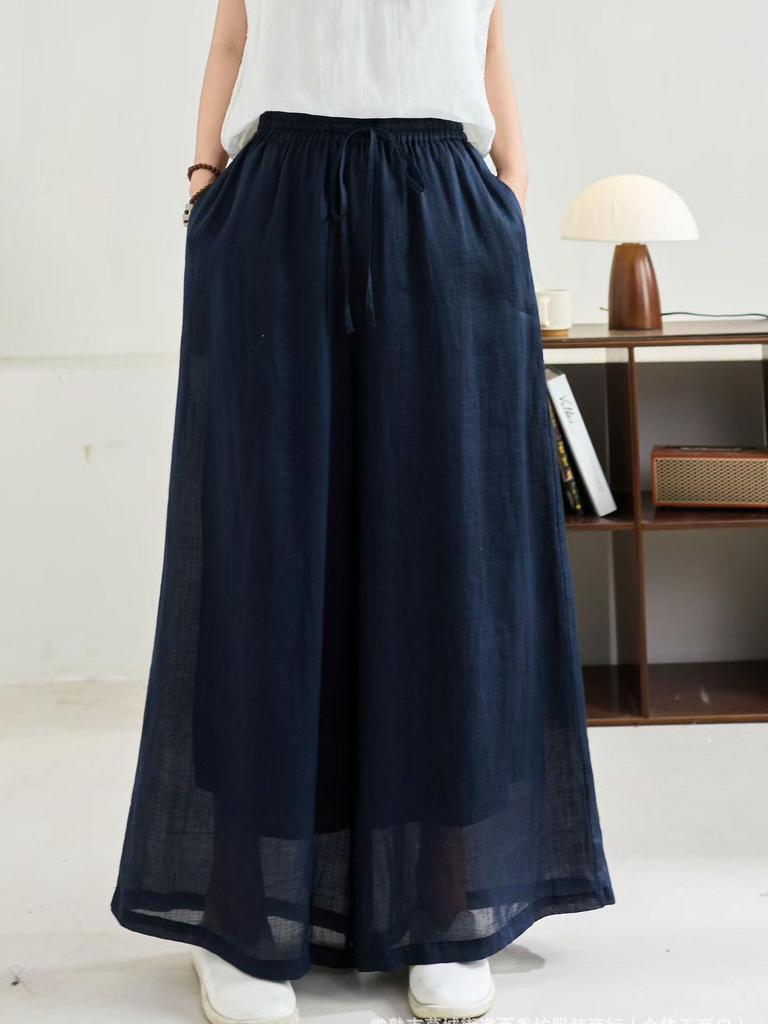 Linen Wide-Leg Pants - Spring 2026: Comfortable, Elastic Waist, Retro Artistic Style, Solid Color, Casual.