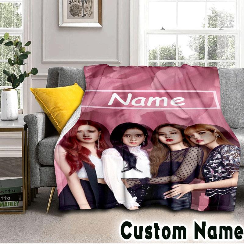 Custom Name Kpop Pink Roses Friendship Throws Blanket Flannel Blankets for Couch Bed Gifts for Men Women Picnic blanket Christmas fan gifts