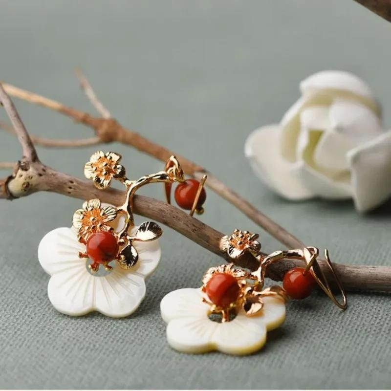 Vintage Flower Natural Stone Earrings for Women Girl Ethnic Style Gold Earrings Jewelry Accessories Birthday Gifts Earrings