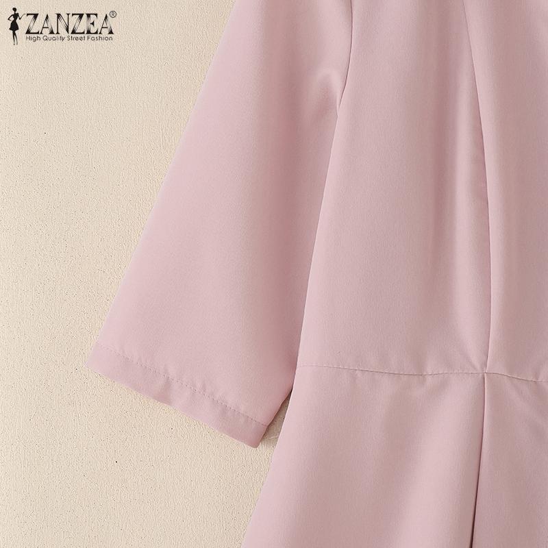 ZANZEA Womens Casual Turn Down Collar Loose 3/4 Sleeve Midi Dres