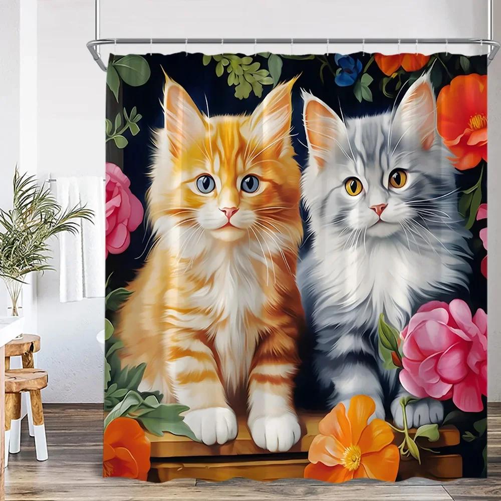 Cute Cat Shower Curtain Flower Cartoon Animal Sunflower Plant Floral Bathroom Home Decor Modern Polyester Bath Curtain with Hook