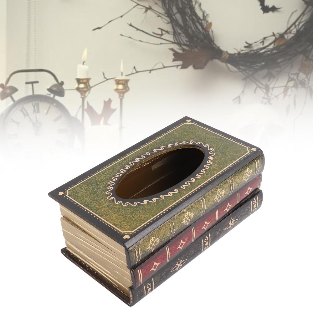 Wood Tissue Box Dispenser Rectangular Antique Book Box Cover Living Room Decor