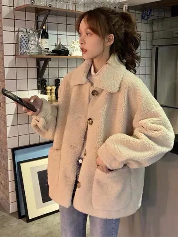 Women's Plush Lapel Coat - Sweet Style, Long Sleeve, Loose Fit, Thickened, Warm Winter Top