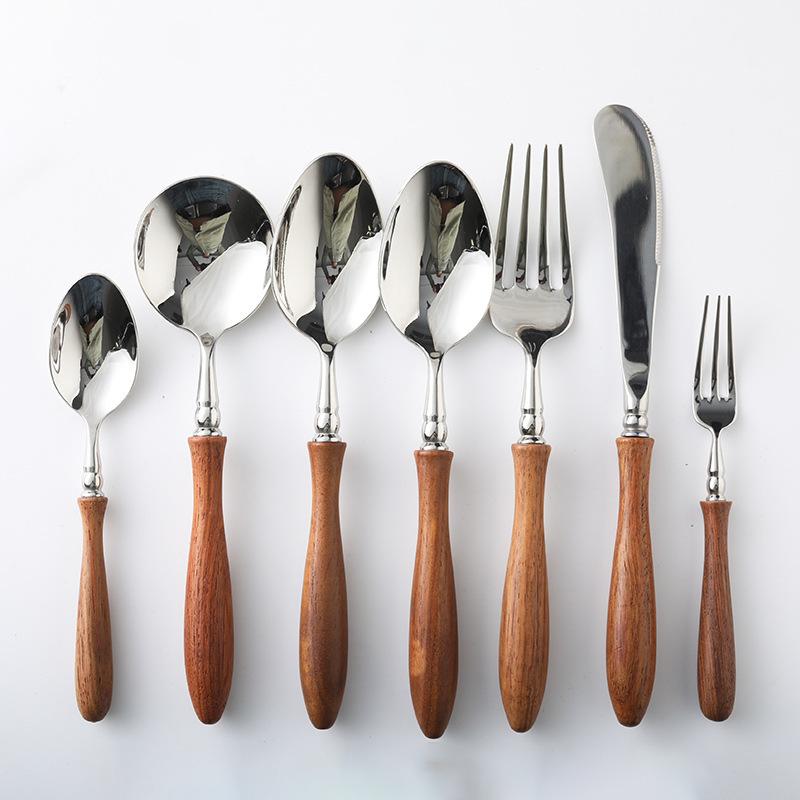 Stainless Steel Spoon Teaspoon Fruit Fork Ebony Steak Knife Fork Western -style Seven -piece Seven -piece Set Tableware Kitchen