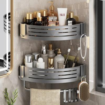 Wall Mounted Bathroom Shelves Shower Corner Shelf with Towel Bar Hook Space Aluminum Shampoo Holder Kitchen Organizer Rack