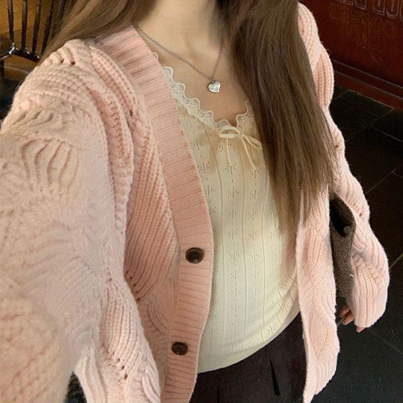Women's Pink Knit Cardigan Sweater Coat - Korean Style, Loose Fit, Autumn/Winter.