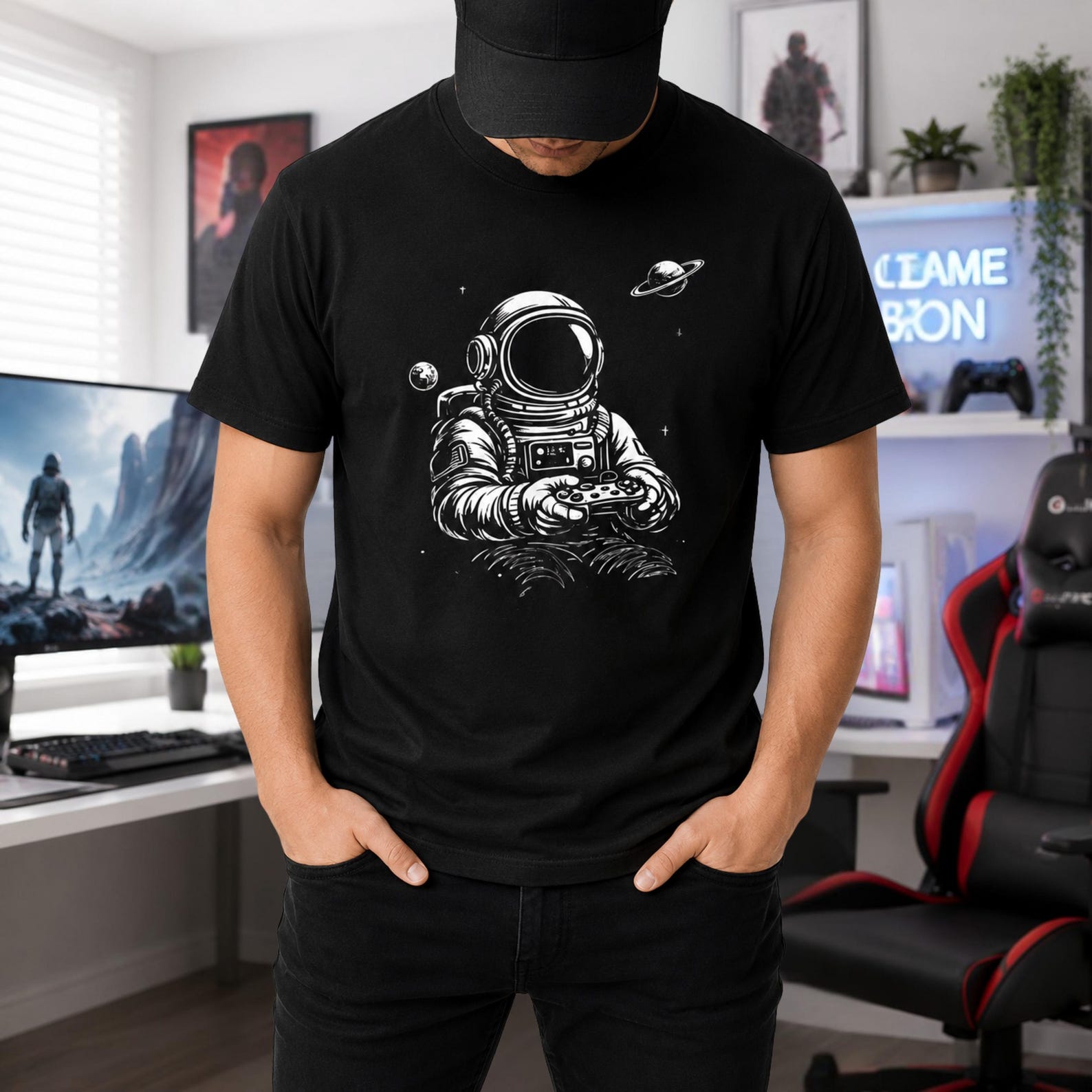 Astronaut Playing Video Games Tee | Space Gamer Shirt M