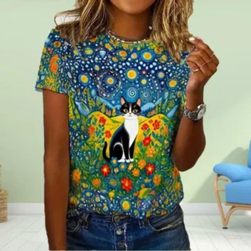 Summer Round Neck 3D Painted Cat Print Top Fashionable Casual Short Sleeved Women's T-shirts