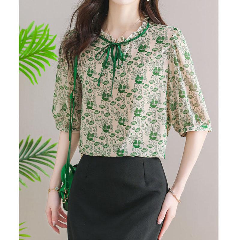 Elegant Temperament Printed Chiffon Blouse for Women Summer Fashion All-match Short Sleeve Shirt Summer Female Clothing