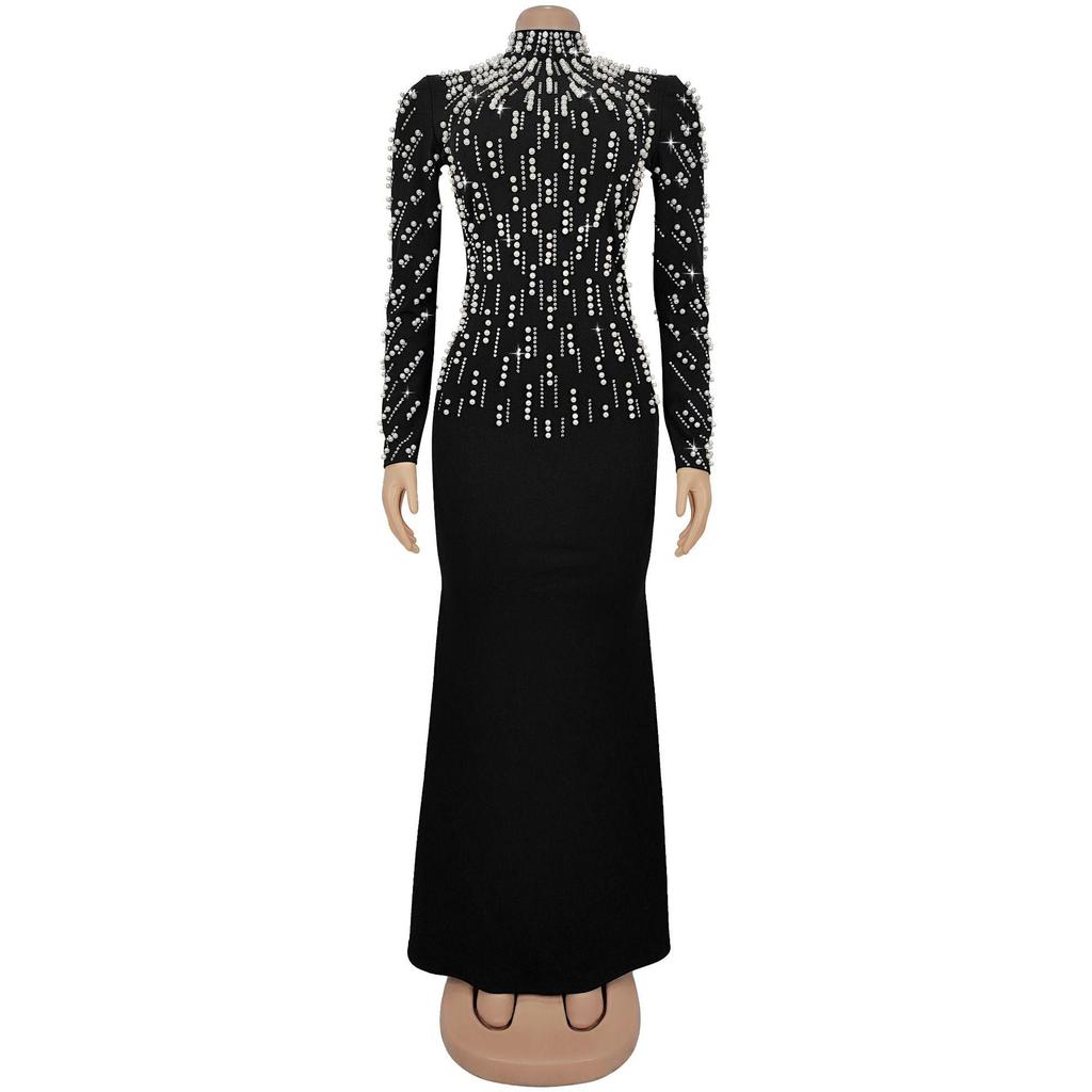 European & American Fashion Women's Long-Sleeve Beaded Bodycon Dress