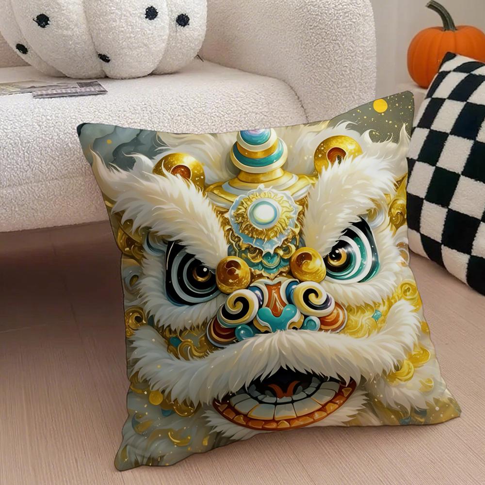 

festive Traditional Dancing Lion Anime Lucky Cushion Cover Linen Pillow Case Soft Breathable Protective Couch Room Decoration 30x30cm