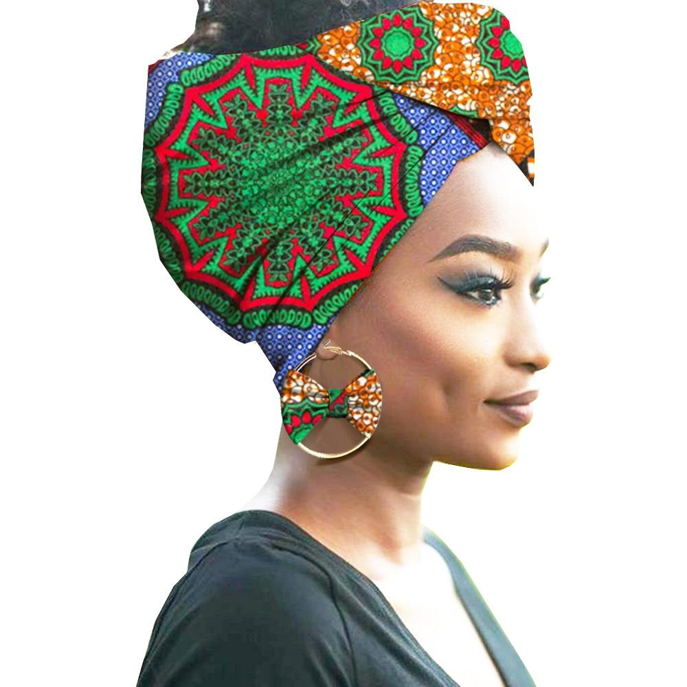 African Print Women Head Bandana Cotton With Matching earring Balaclava Headscarf Bandana Mujer Headband Set Hair Accessories