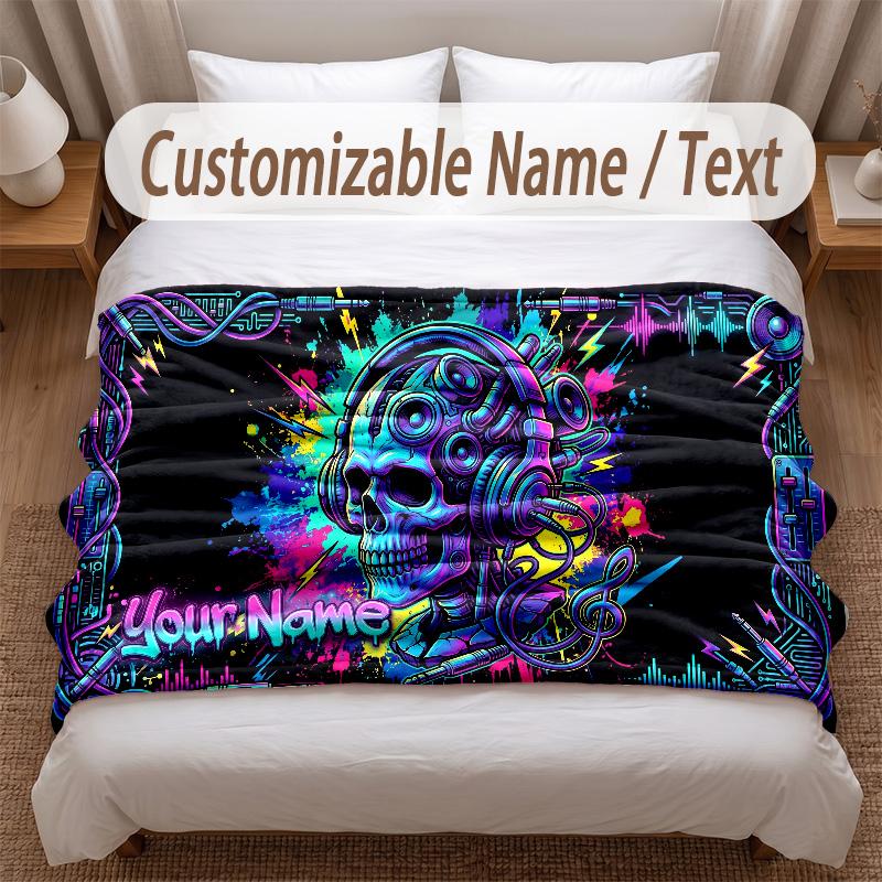 Skull Gothic Theme Soft Blanket Personalized Custom Name Text Print Warm Blanket Home Sofa Bedroom Decor