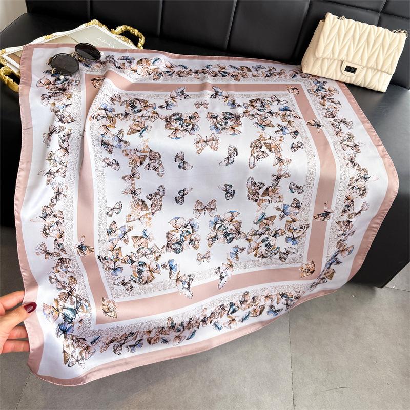 Korean Version of Butterfly Imitation Silk, High-end Large Square Scarf, Silk Scarf, Printed Shawl, Versatile Scarf, Sunscreen Scarf, Headscarf, Scar