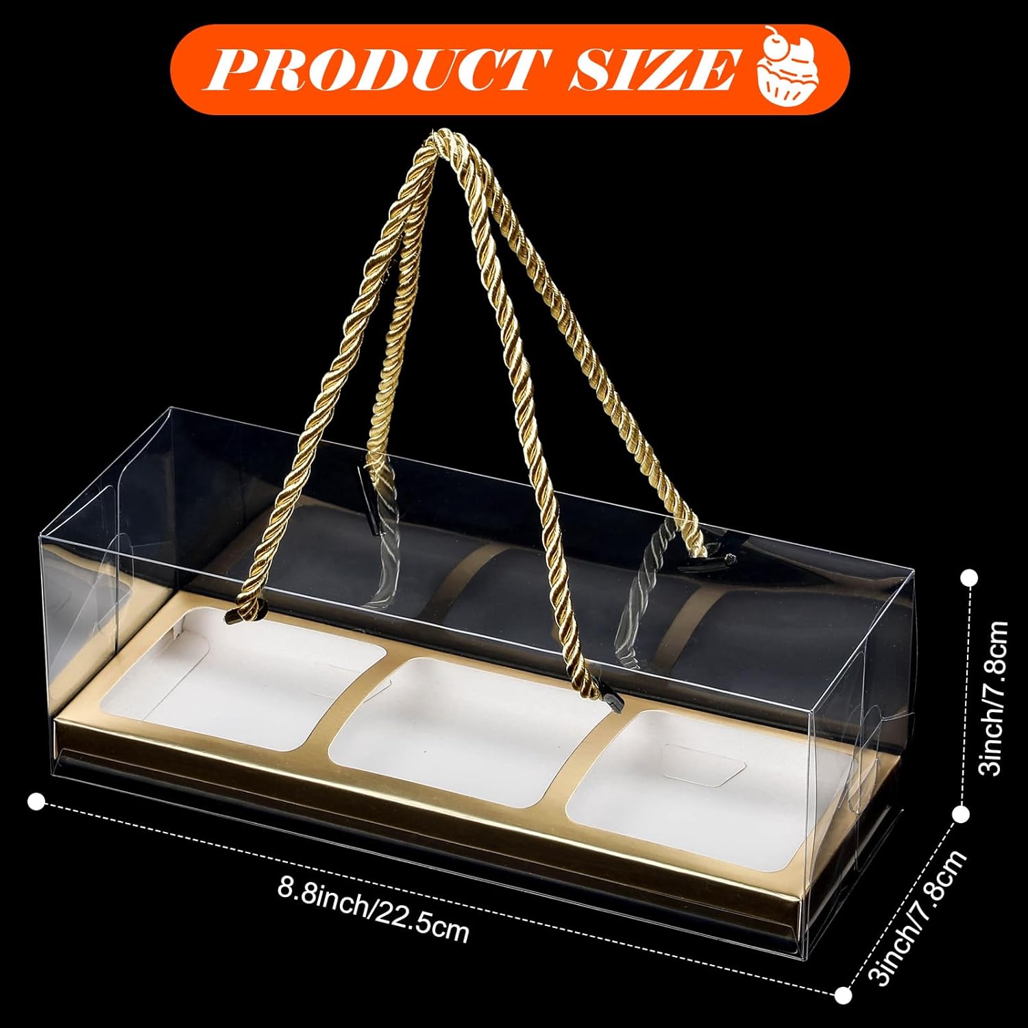 

10Pcs Clear Cupcake Boxes Portable Cupcake Container with Rope Handles 3 Compartments Rectangular Cake Carrier for Dessert Party 22.5x7.8x7.8cm