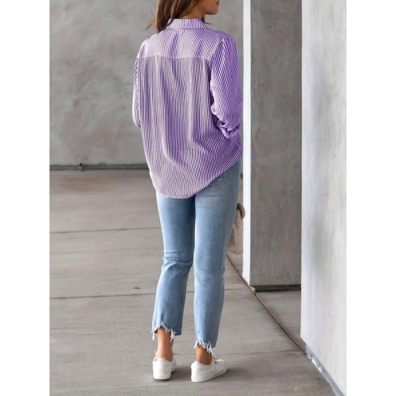 Women's Fashion Casual Spring Fall Stripe Print Long Sleeve POLO Neck Blouses & Shirts