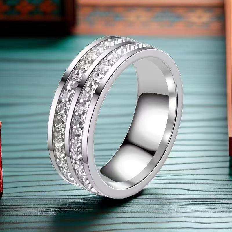 Stainless Steel Ring with Star-Inlaid Diamonds, Fade-Resistant, Titanium Finish