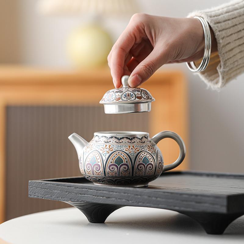 Emaillierte Silberteekanne Einzelkanne zum Aufbrühen von Tee 999 Reinsilberkanne für den Heimgebrauch High-End Teeset Heyun Fengming Teekanne