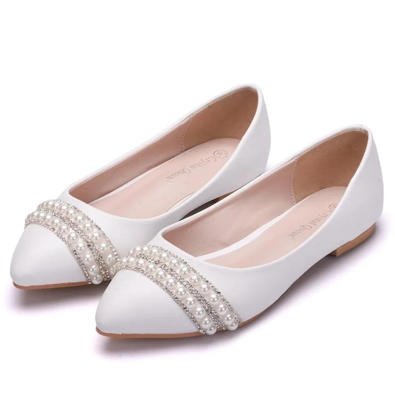  Fashion White Crystal Queen Woman Flats Wedding Shoes Women's Pearl Rhinestone Beaded Anklet Bridesmaid Shoes Sneaker