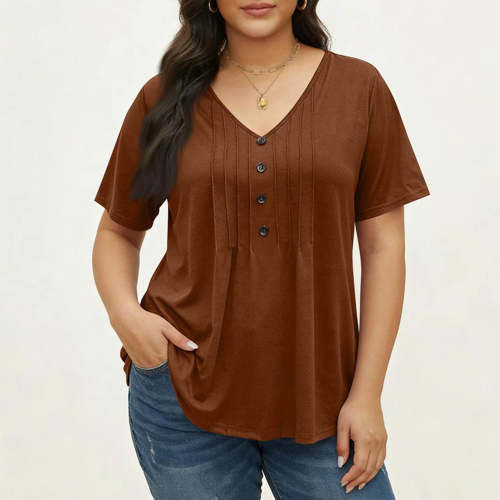 Women's Plus Size Fashionable Casual Loose-Fit V-Neck Button-Down Short-Sleeve Top