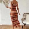 Summer Square Collar Stripe Side Slit Long Dress Women Bohemia Bodycon Dress Sexy Package Hips Sleeveless Tank Dresses Clothing