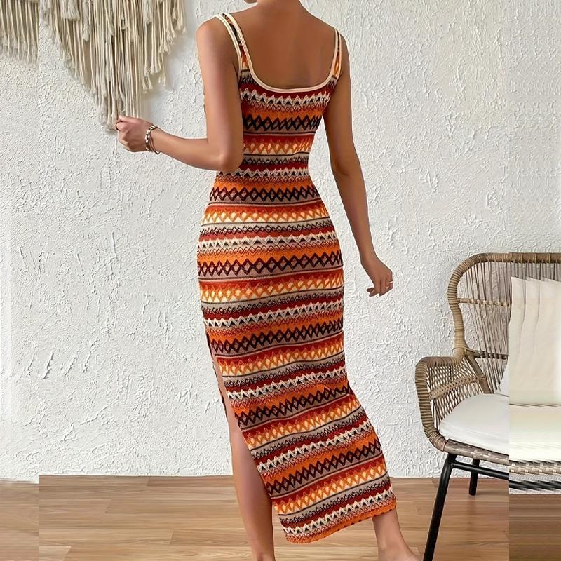 Summer Square Collar Stripe Side Slit Long Dress Women Bohemia Bodycon Dress Sexy Package Hips Sleeveless Tank Dresses Clothing