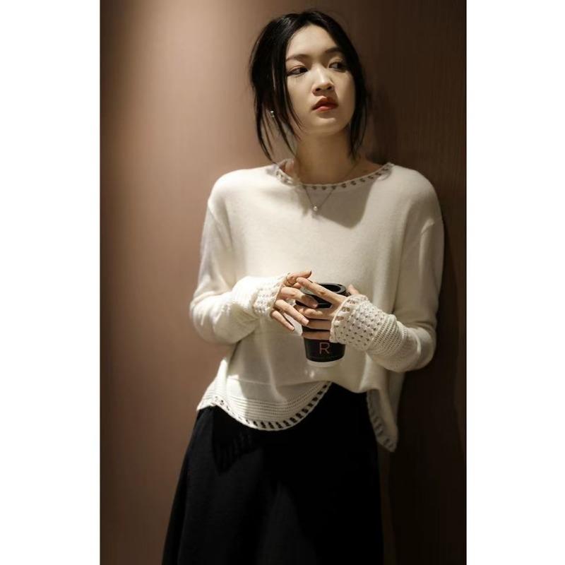 Women Loose Hollow Out Crew Neck Thin Knit Sweater Casual Long Sleeve Pullover Top