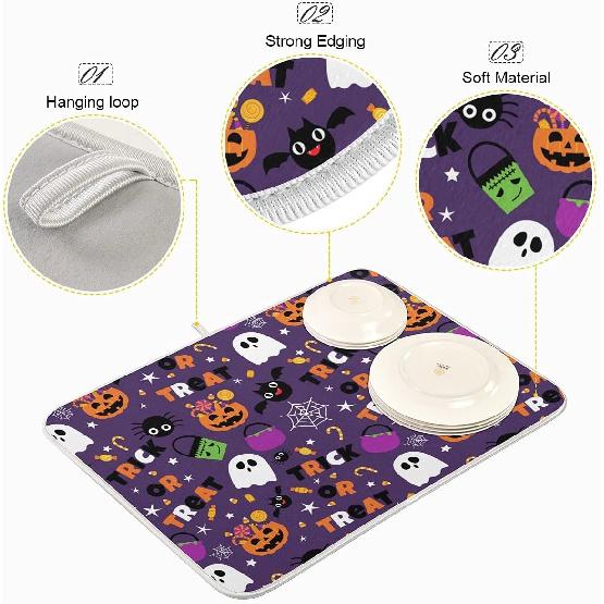Happy Halloween Purple Pumpkin Fall Dish Drying Mat 16x18 for Kitchen Counter Trick or Treat Spooky Ghost Reversible Dishes Draining Mats Medium