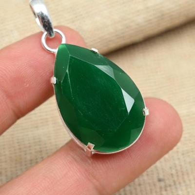 Faceted Green Onyx Gemstone Solid 925 Sterling Silver Antique Prong Pendant Jewelry