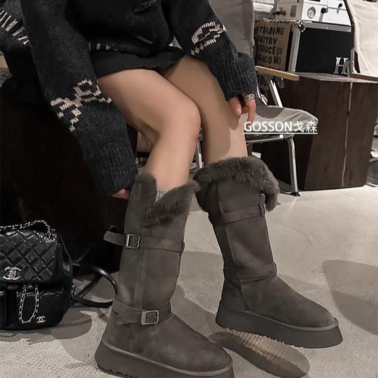 Grey two-wearing thick-soled snow boots for women 2025 winter new heightening thermal and piled thickened long-tube snow cotton shoes