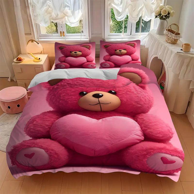 3pcs Pink Teddy Bear Bedding Set - Includes One Quilt Cover and Two Pillowcases (No Core) - Home Decor, Festival Gift, Polyester Fabric, Ani