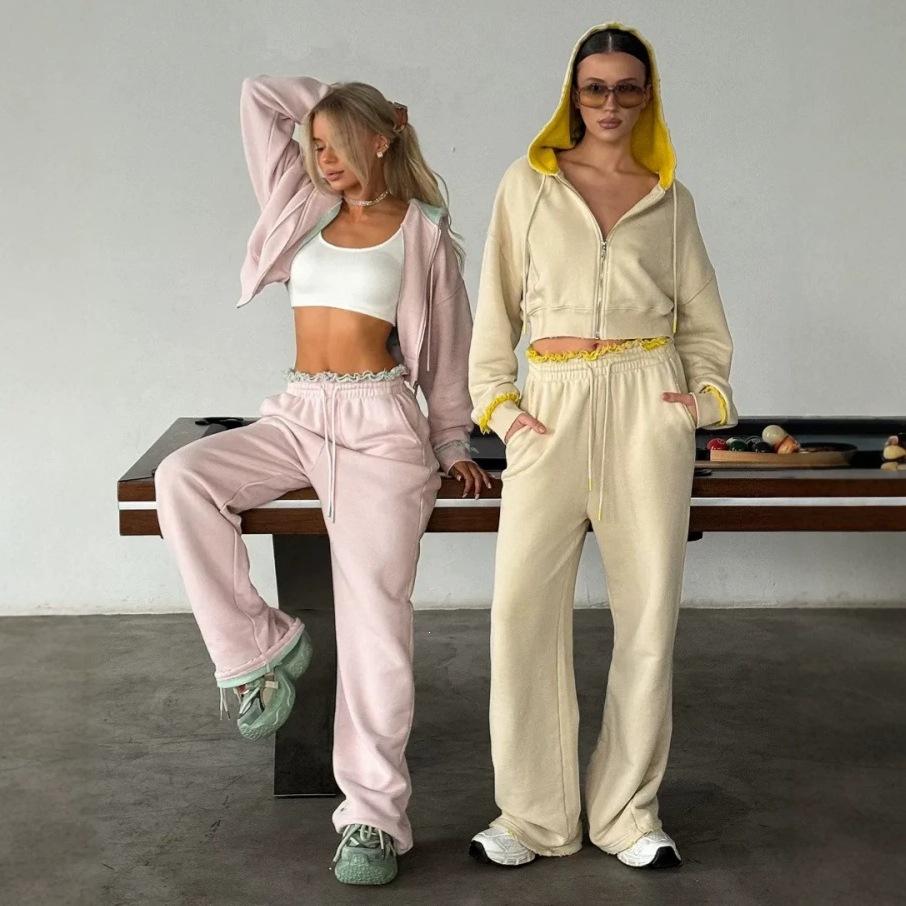 2026 new cross-border casual women's suit features color matching rough edge long-sleeved jacket lace-up trousers two-piece set