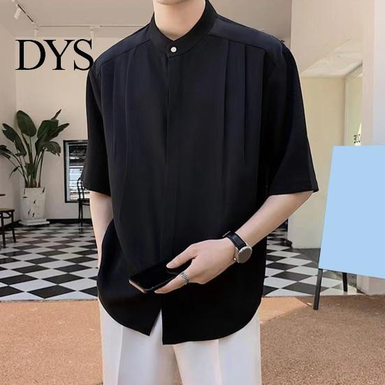 Formal Men Shirt Summer Stand Collar Ice Silk Solid Color Pleated Loose Fit Everyday Top Cardigan Half Sleeves Mid Length Casual Business Mature