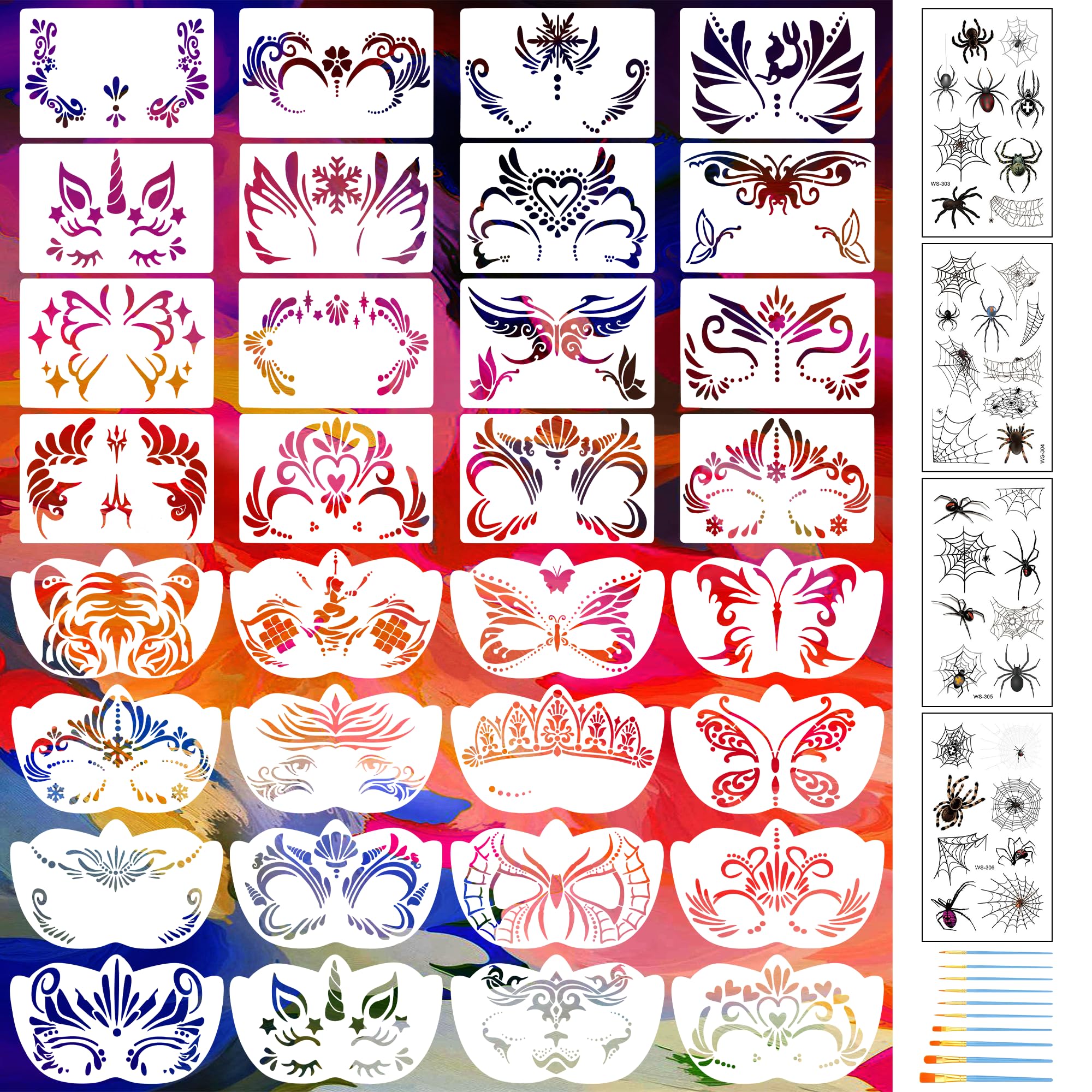 

ztowoto Face Painting Kit 32 Reusable Face Paint 10 Paint 4 Face Painting Kit for Halloween Birthday Festival - Includes Stencils, Brushes, Stickers,