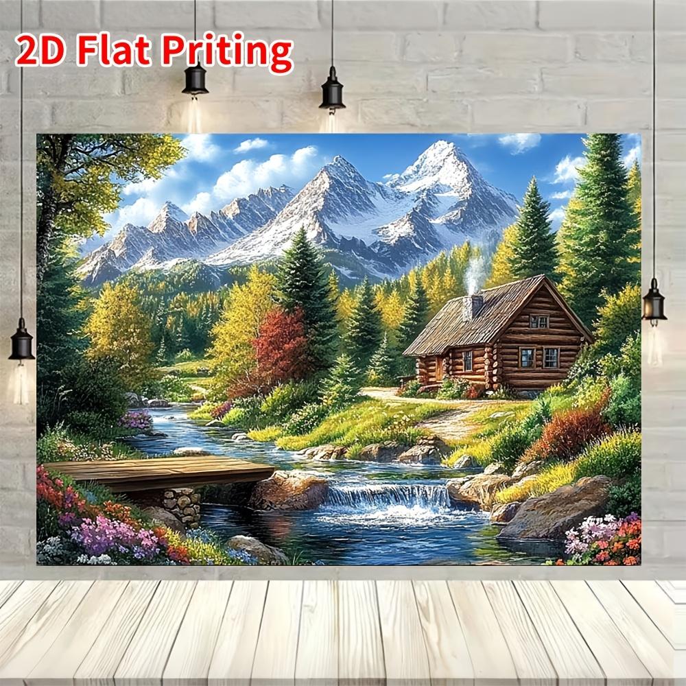 2D Plane 1 Piece of Mountain Cabin Landscape Background Fabric Suitable for Home Wall Decoration Photography and Parties