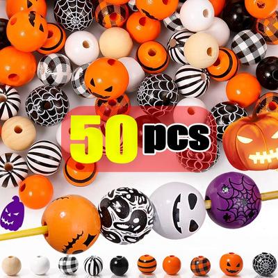 Halloween DIY Printed Wood Beads Multicolor Funny Handmade Wooden Bead Bracelet Hand String Making Accessories Festival Props