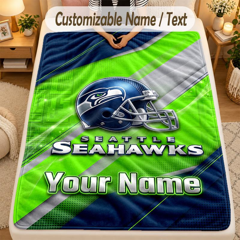 Flannel BlanketSeattle Seahawks Custom Name Text Personalized Soft Warm Throw Blanket Home Decor Gift