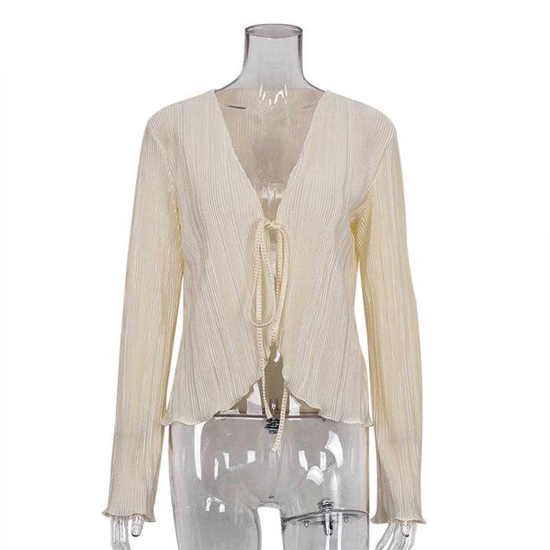 WTEMPO Green Beige Lace-Up Women's Shirts Summer New Bodycon Long Sleeve Blouses Ladies Fashion Pleated Tops Female Clothing 2023