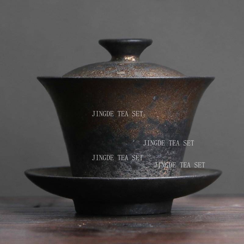 1pcs Coarse Pottery Covered Bowl Chinese Tea Set High-end Retro Gilded Rust Glazed Tea Cup Gaiwan
