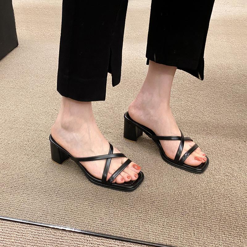 Korean Version Thick Heel High Heeled Sandals Female 2024 New Fashion Casual Simple All-match Square Toe Slippers Summertime