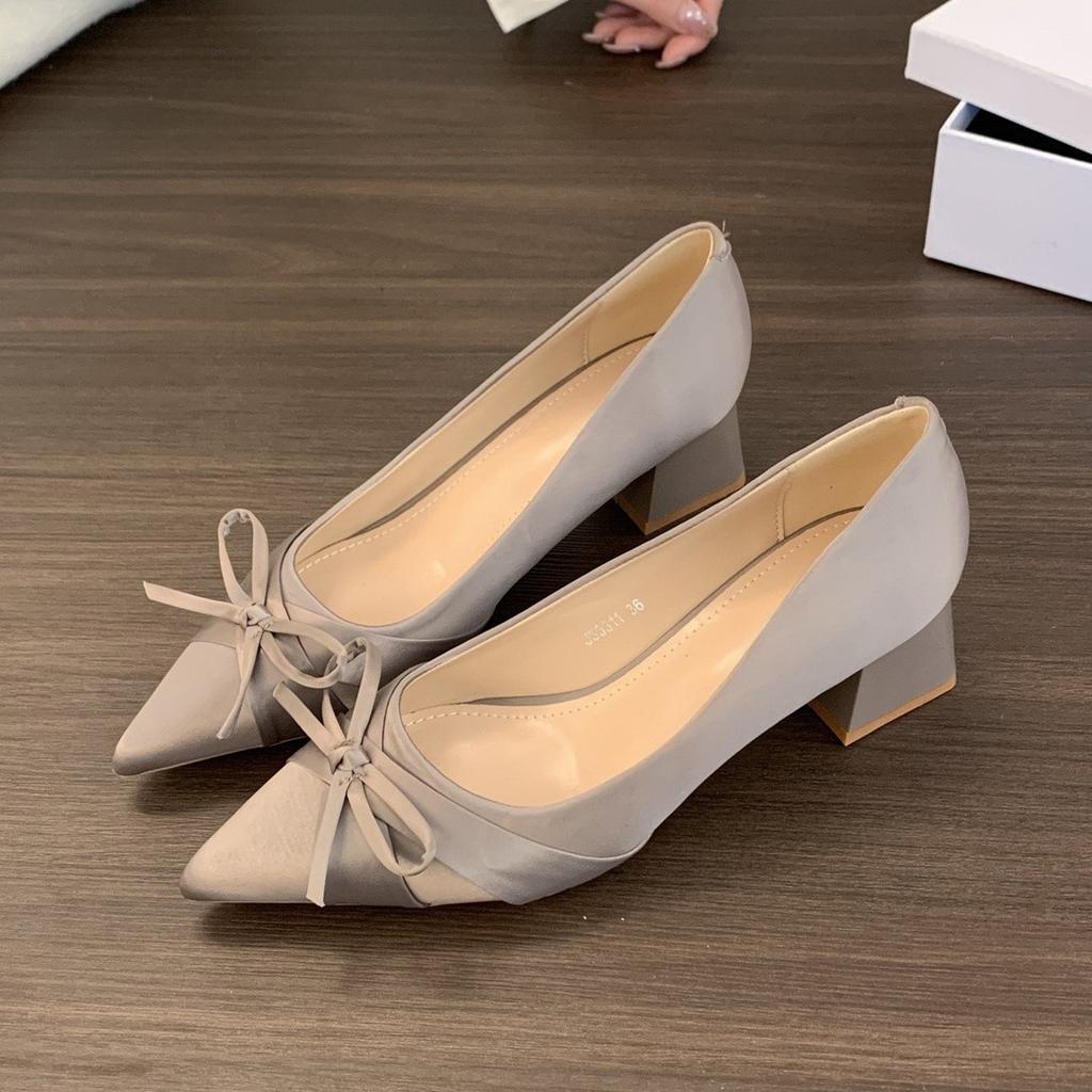 Temperament Satin spitze Einzelne Schuhe Damen Frühling und Herbst Süße Schleife Leichter Mund Pendlerschuhe Hohe Absätze