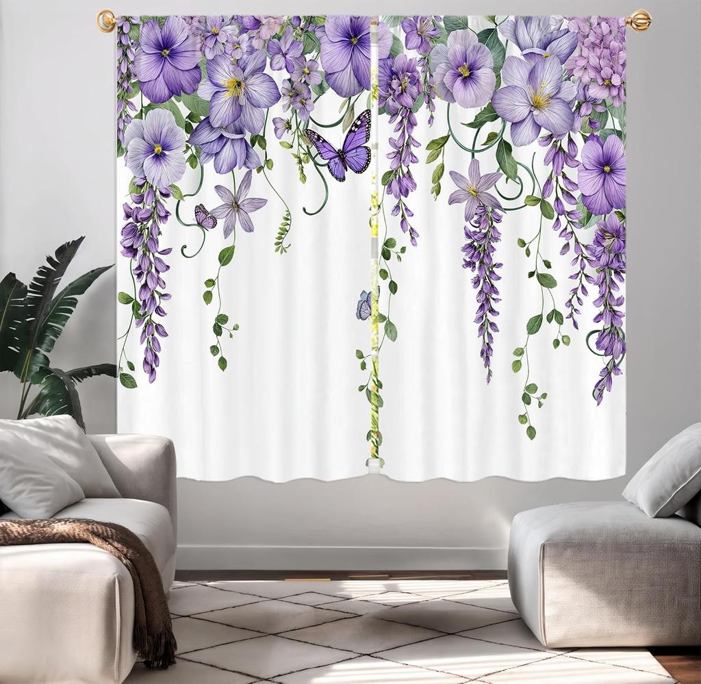 Purple Floral Butterfly Lilac Window Curtains Spring Flower Summer Girls Nature Garden Plant Drapes Treatment Curtain Polyester With Rod Pocket