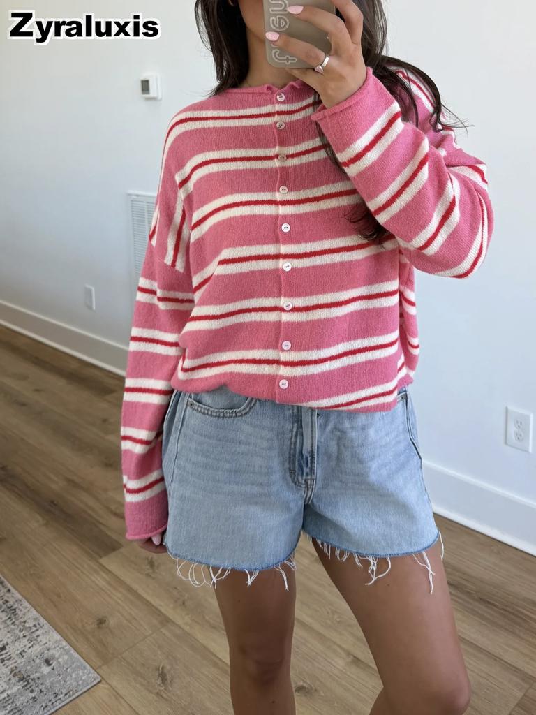 Thin Knit Color Block Cardigan Striped Coat, New Lazy Style Sweater for Women, Spring and Autumn