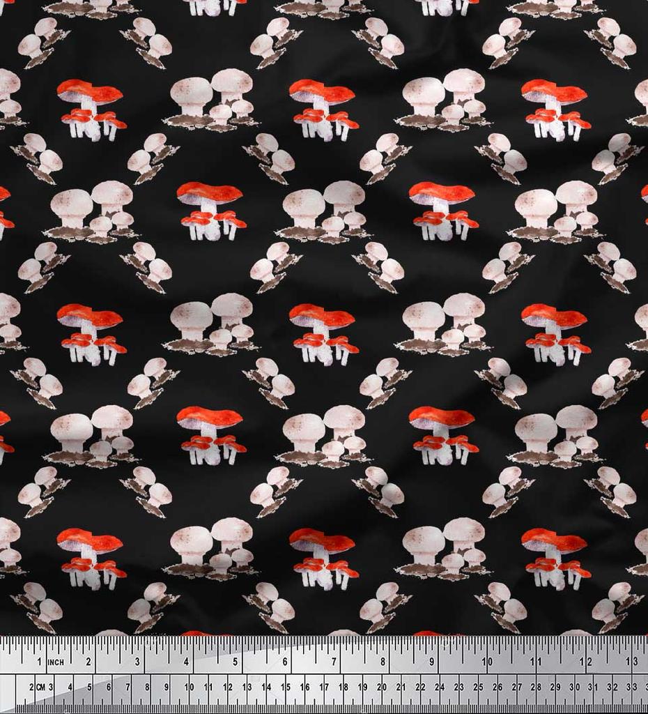 Soimoi Black Japan Crepe Satin Fabric Mushroom Vegetable Print Fabric by the metre 42 Inch