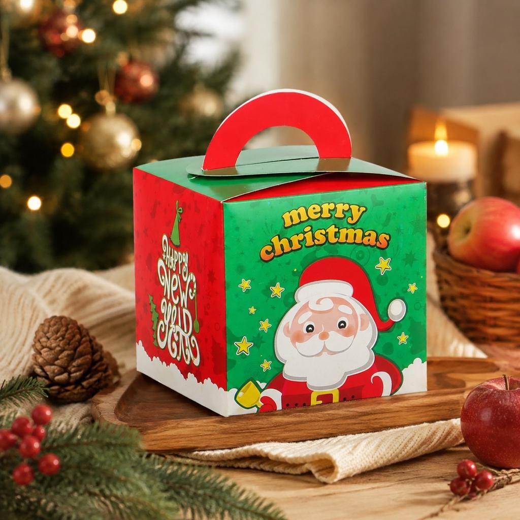 Christmas Gift Box with Handle for Candy, Christmas Eve Treats and Holiday Party Favors