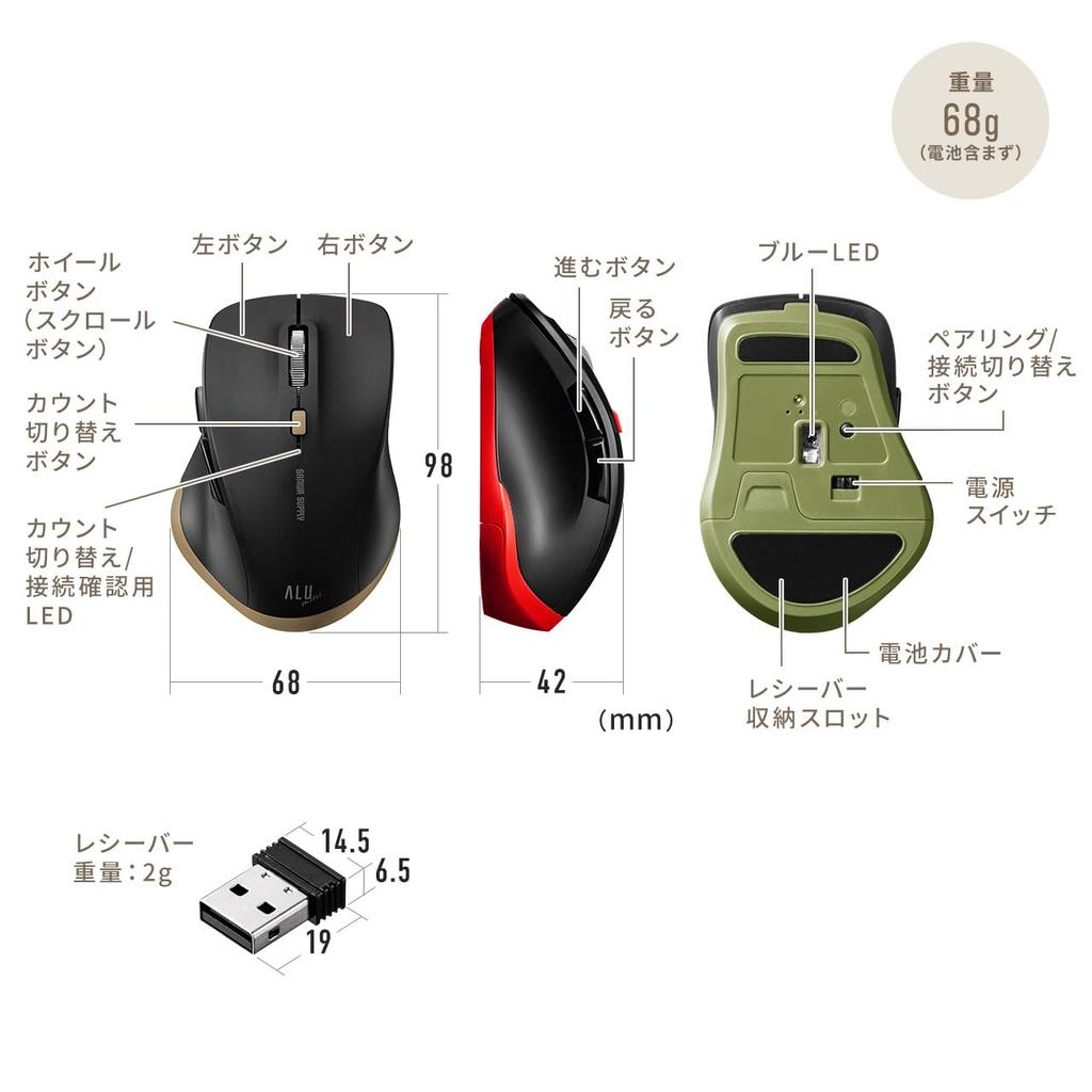 Sanwa Direct Bluetooth Wireless Blue Mouse, (Type-A), Quiet, Compact, 5-Button, Back/Forward Buttons, LED, Battery-Operated, Khaki, 400-MAWBT159BKK