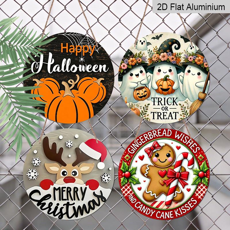 2D Flat, 4pcs Round Aluminum Hanging Sign Set, Halloween Christmas Dual Holiday Pumpkin Ghost Reindeer Gingerbread Man Print, Metal Plaque Combo for