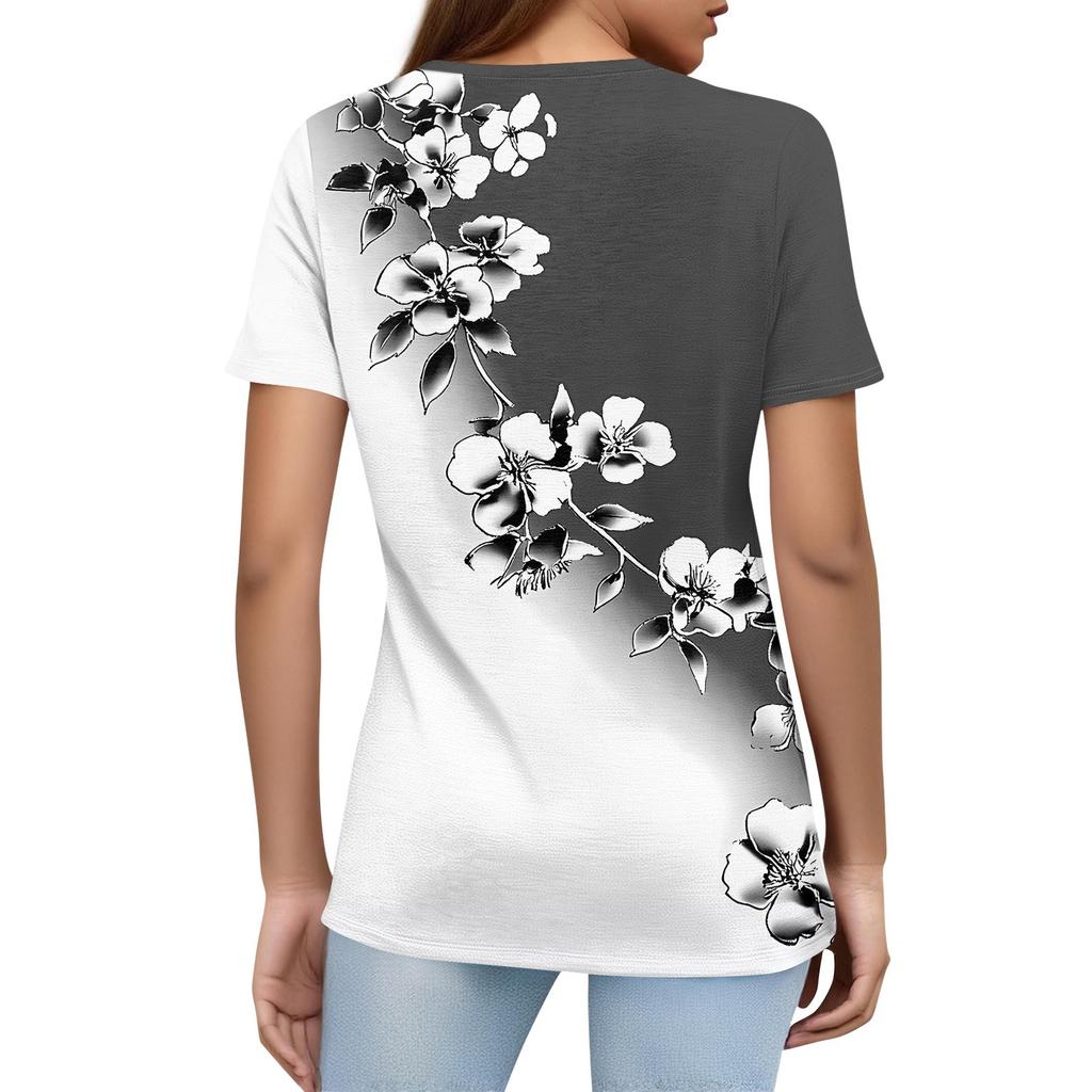 Women's T Shirt Print Button Short Sleeve Daily Weekend Fashion Basic V- Neck Regular Top