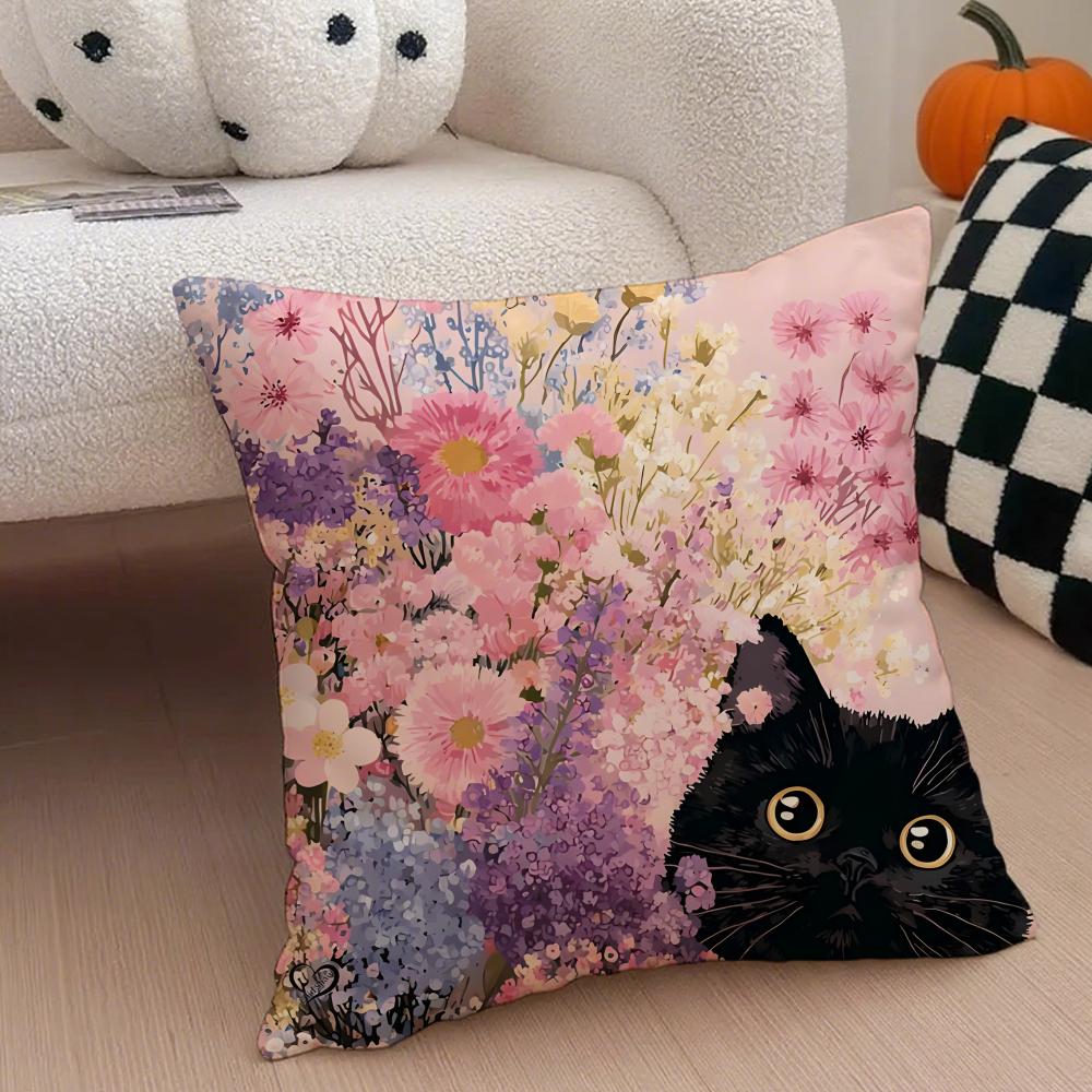 K-Kitty Cat Flowers West High Cushion Cover Throw Pillow Cover Hidden Button Durable Polyester Chair Cushion